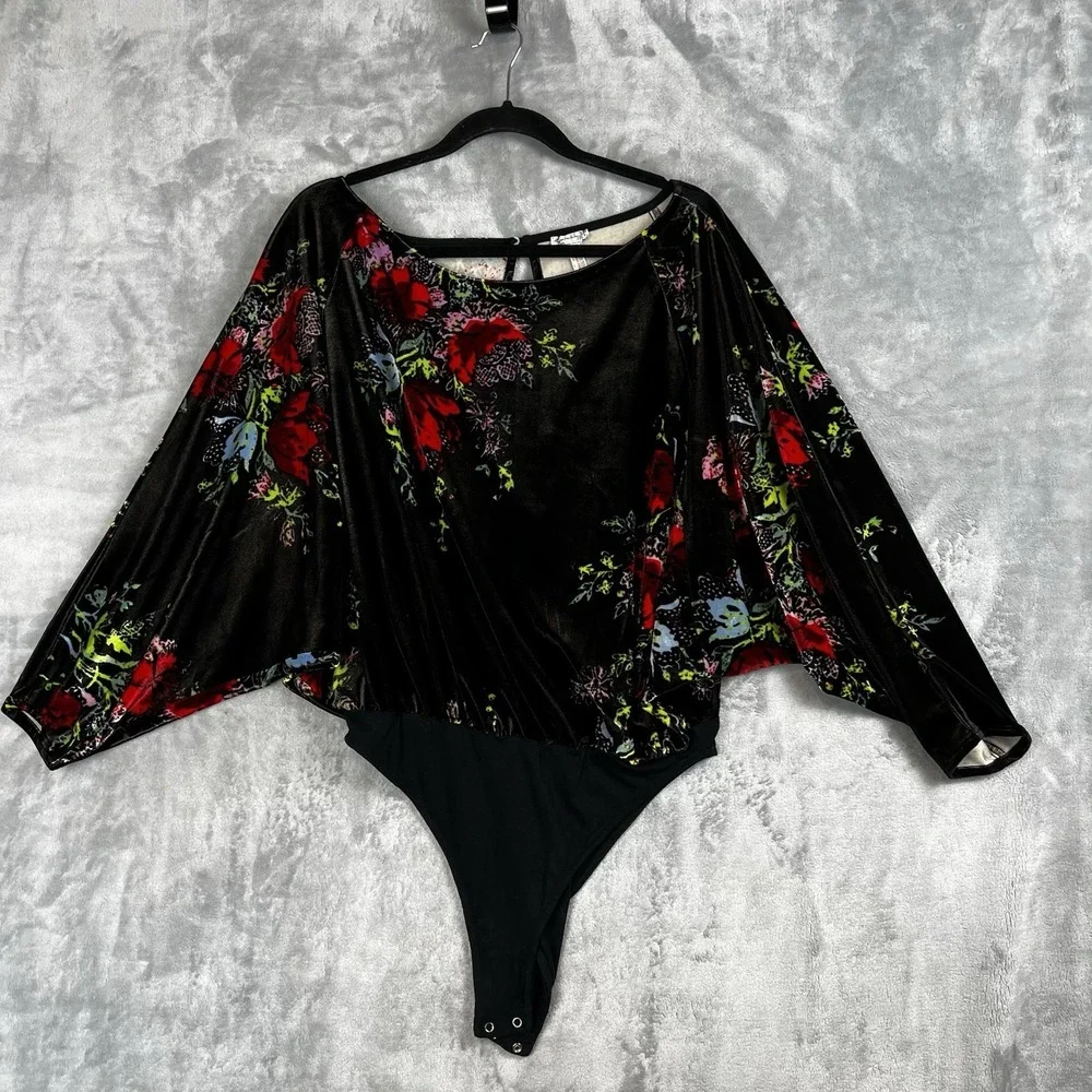Free People Intimately Velvet Floral Bodysuit Black Dolman Sleeve Small S